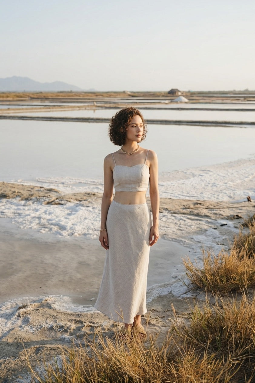 Chân váy midi đuôi cá linen muối tiêu thời trang Hity