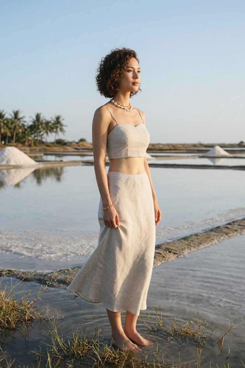 Chân váy midi đuôi cá linen muối tiêu thời trang Hity