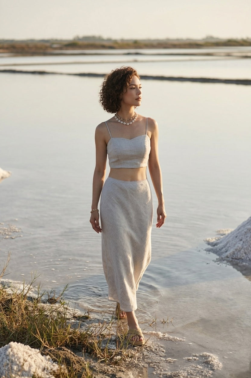 Chân váy midi đuôi cá linen muối tiêu thời trang Hity