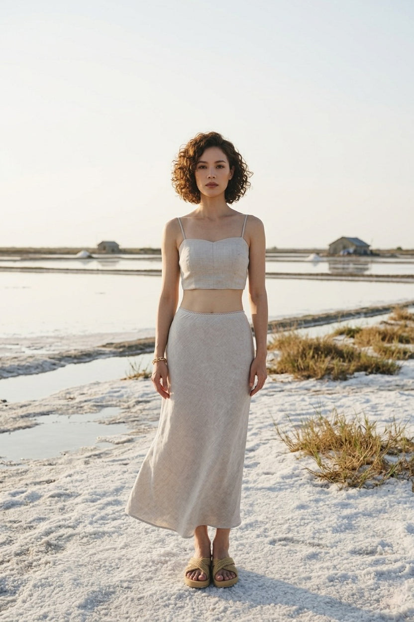 Chân váy midi đuôi cá linen muối tiêu thời trang Hity