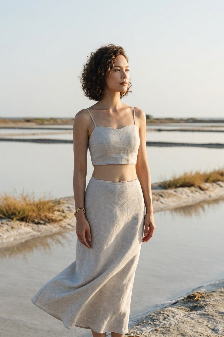 Chân váy midi đuôi cá linen muối tiêu thời trang Hity