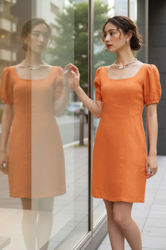 Đầm ôm chữ A linen cam thời trang Hity