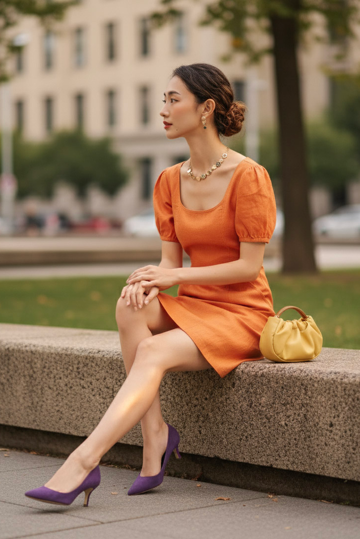 Đầm ôm chữ A linen cam thời trang Hity