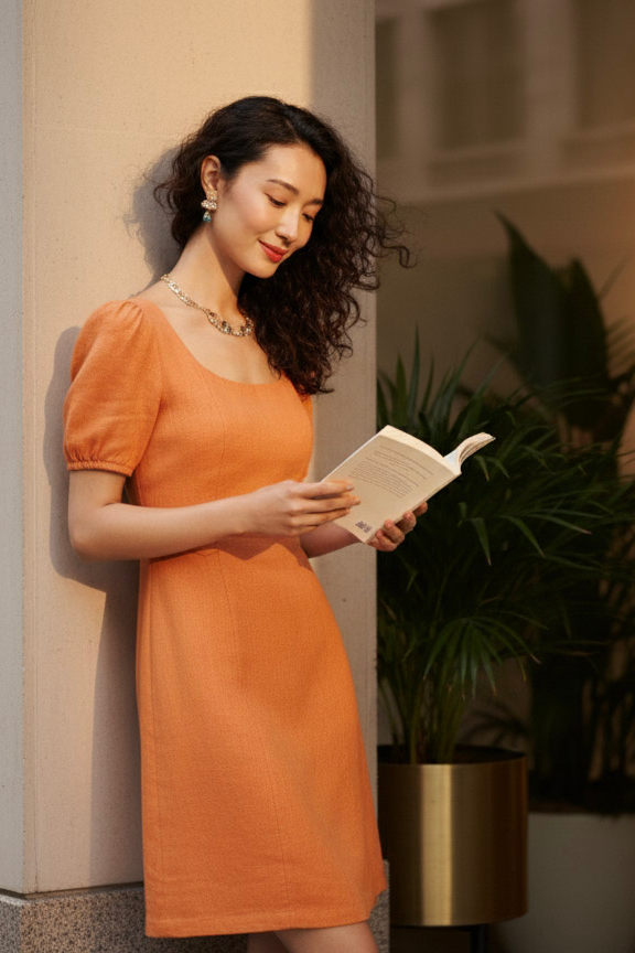 Đầm ôm chữ A linen cam thời trang Hity