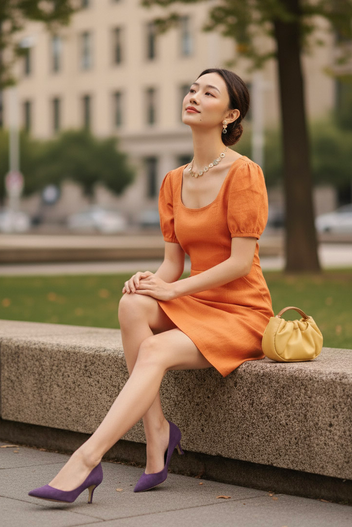 Đầm ôm chữ A linen cam thời trang Hity