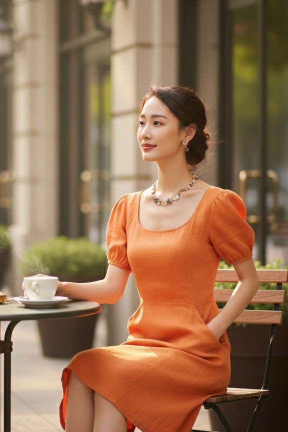 Đầm ôm chữ A linen cam thời trang Hity