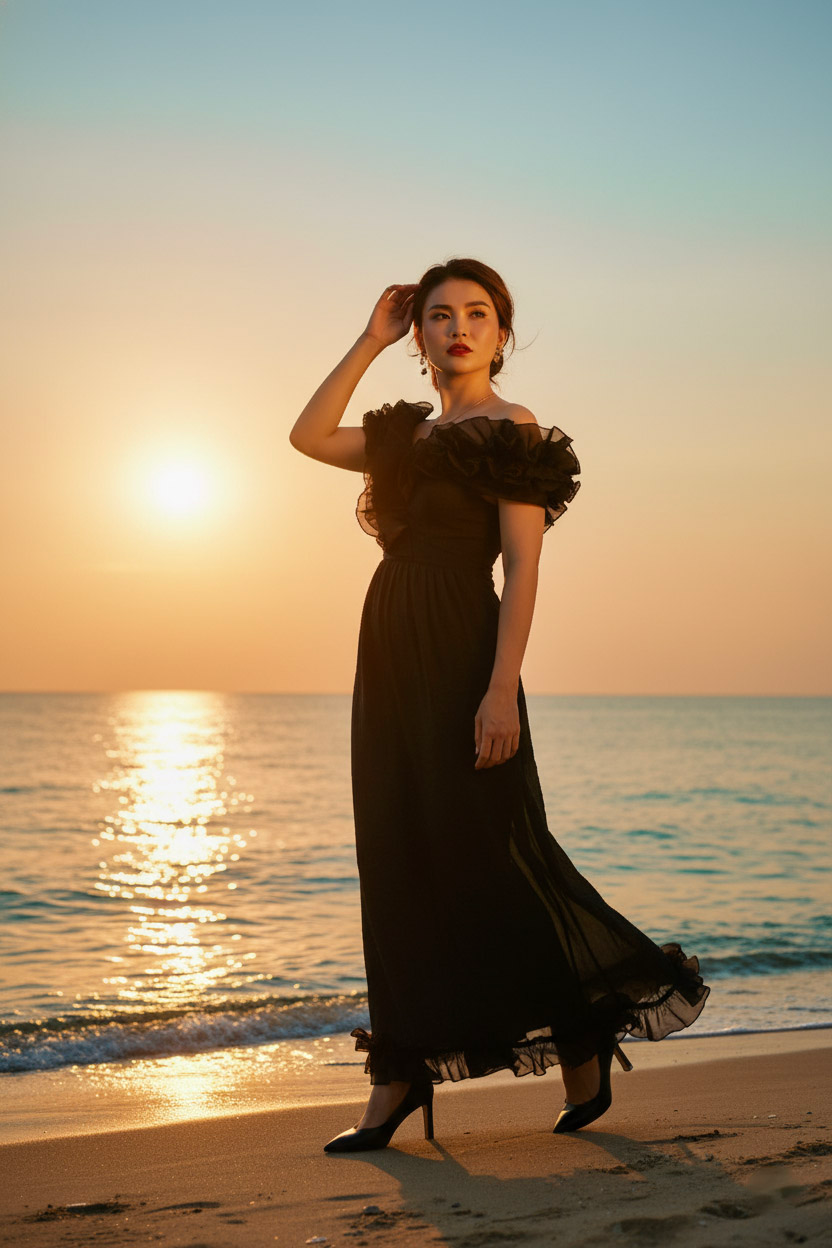 Đầm maxi trễ vai đi tiệc organza đen thời trang Hity