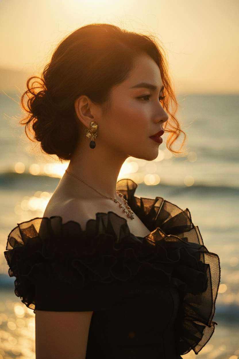 Đầm maxi trễ vai đi tiệc organza đen thời trang Hity