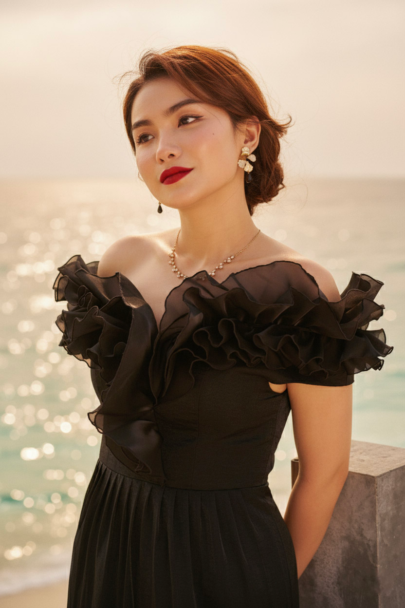 Đầm maxi trễ vai đi tiệc organza đen thời trang Hity