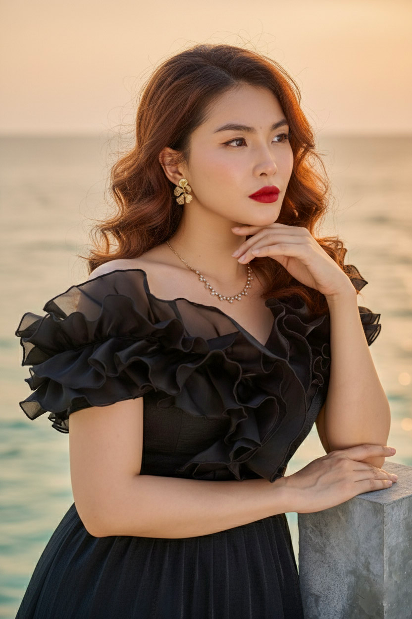 Đầm maxi trễ vai đi tiệc organza đen thời trang Hity