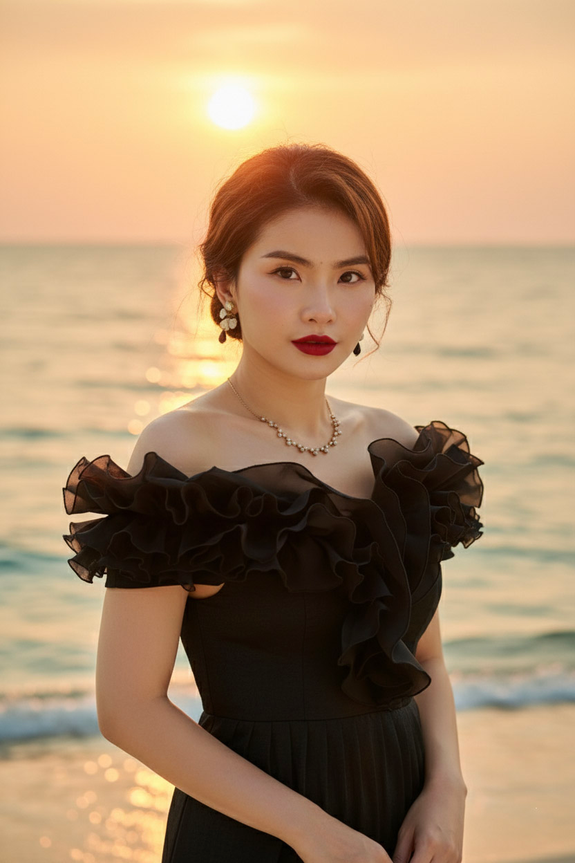 Đầm maxi trễ vai đi tiệc organza đen thời trang Hity