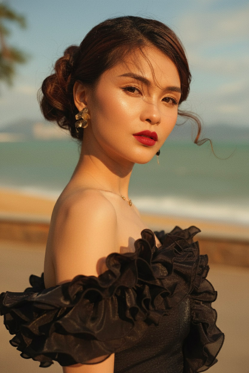 Đầm maxi trễ vai đi tiệc organza đen thời trang Hity