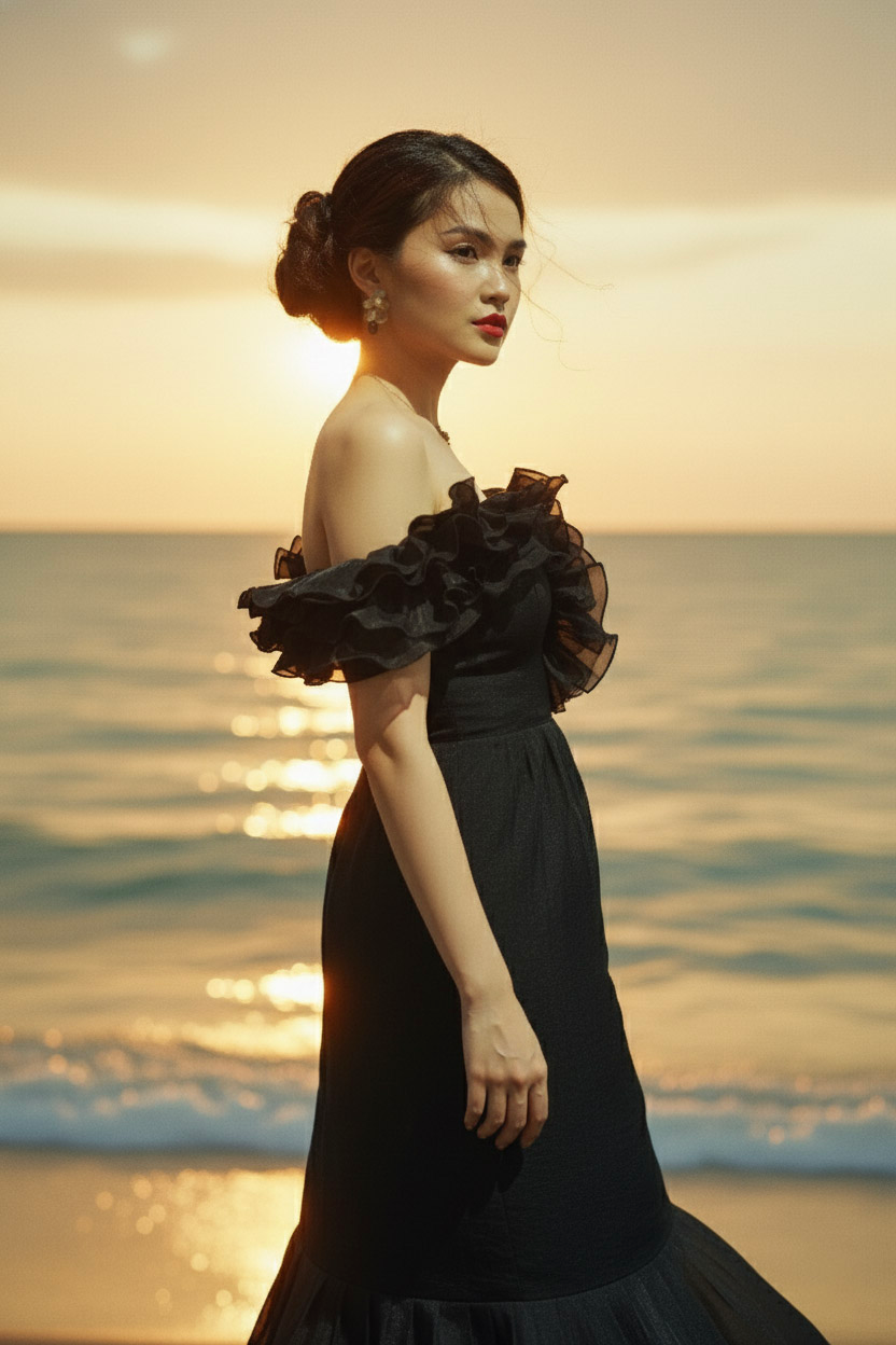 Đầm maxi trễ vai đi tiệc organza đen thời trang Hity