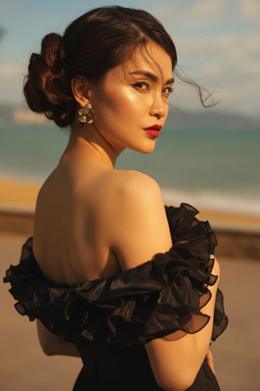 Đầm maxi trễ vai đi tiệc organza đen thời trang Hity