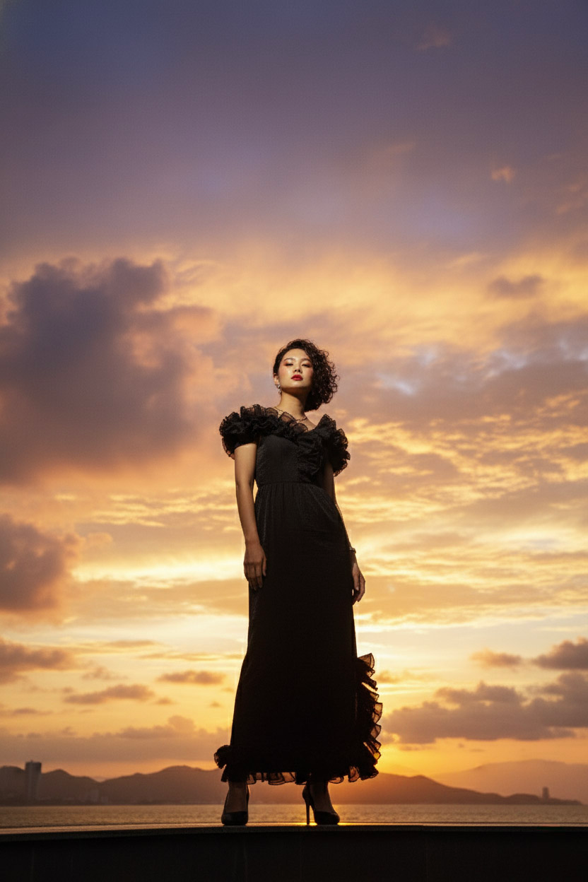 Đầm maxi trễ vai đi tiệc organza đen thời trang Hity