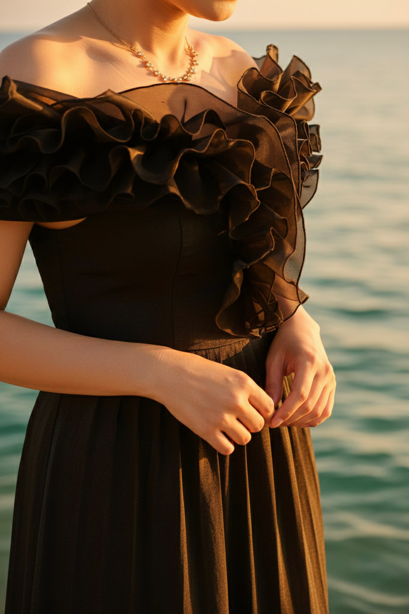 Đầm maxi trễ vai đi tiệc organza đen thời trang Hity