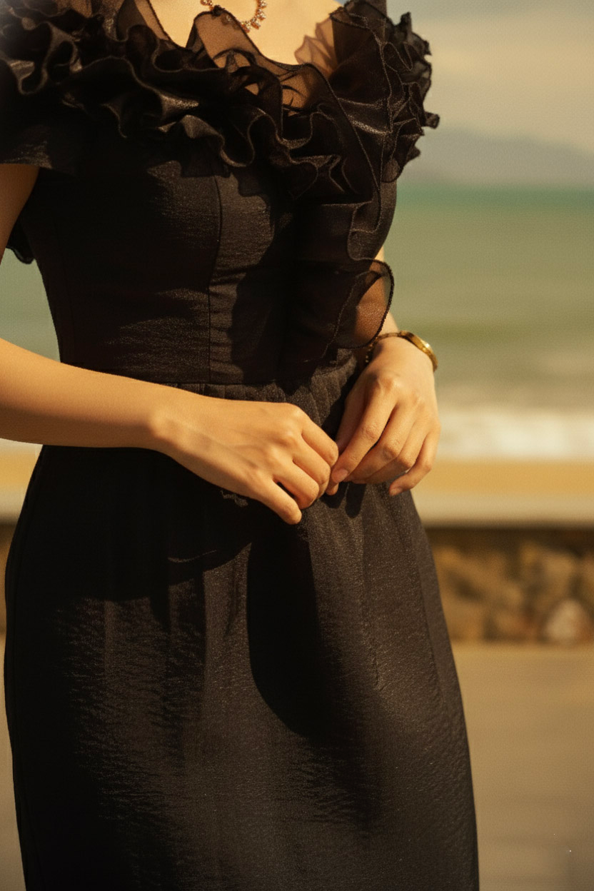 Đầm maxi trễ vai đi tiệc organza đen thời trang Hity