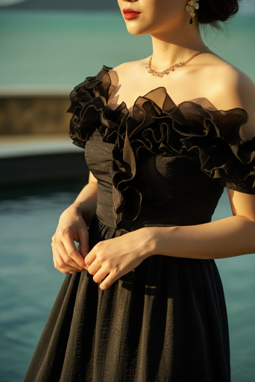 Đầm maxi trễ vai đi tiệc organza đen thời trang Hity