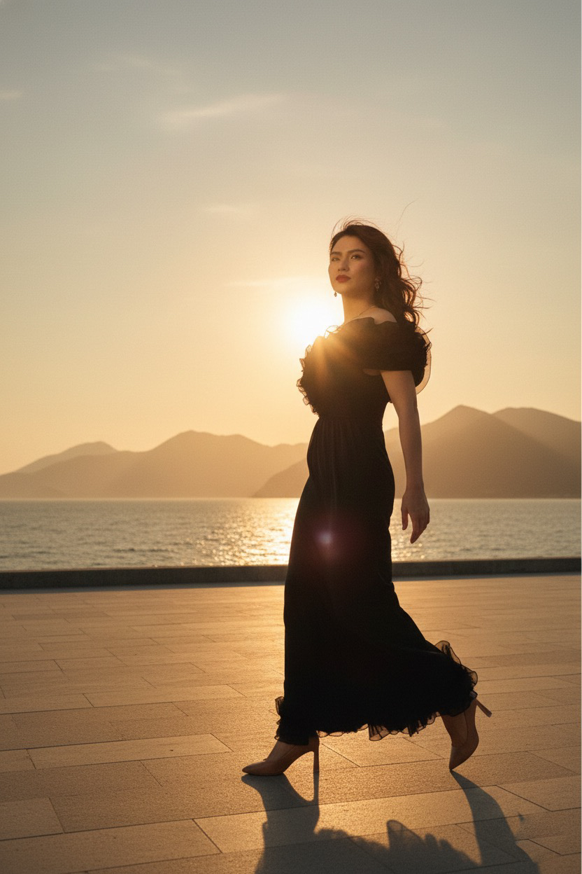 Đầm maxi trễ vai đi tiệc organza đen thời trang Hity