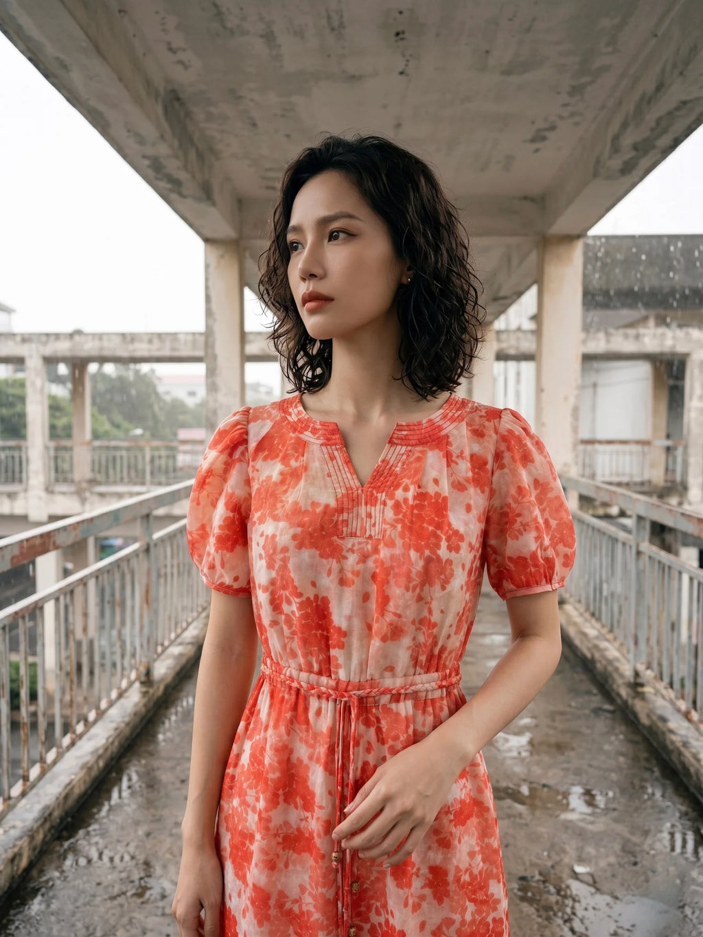 Đầm hoa thắt eo vải gai xanh ramie thời trang Hity