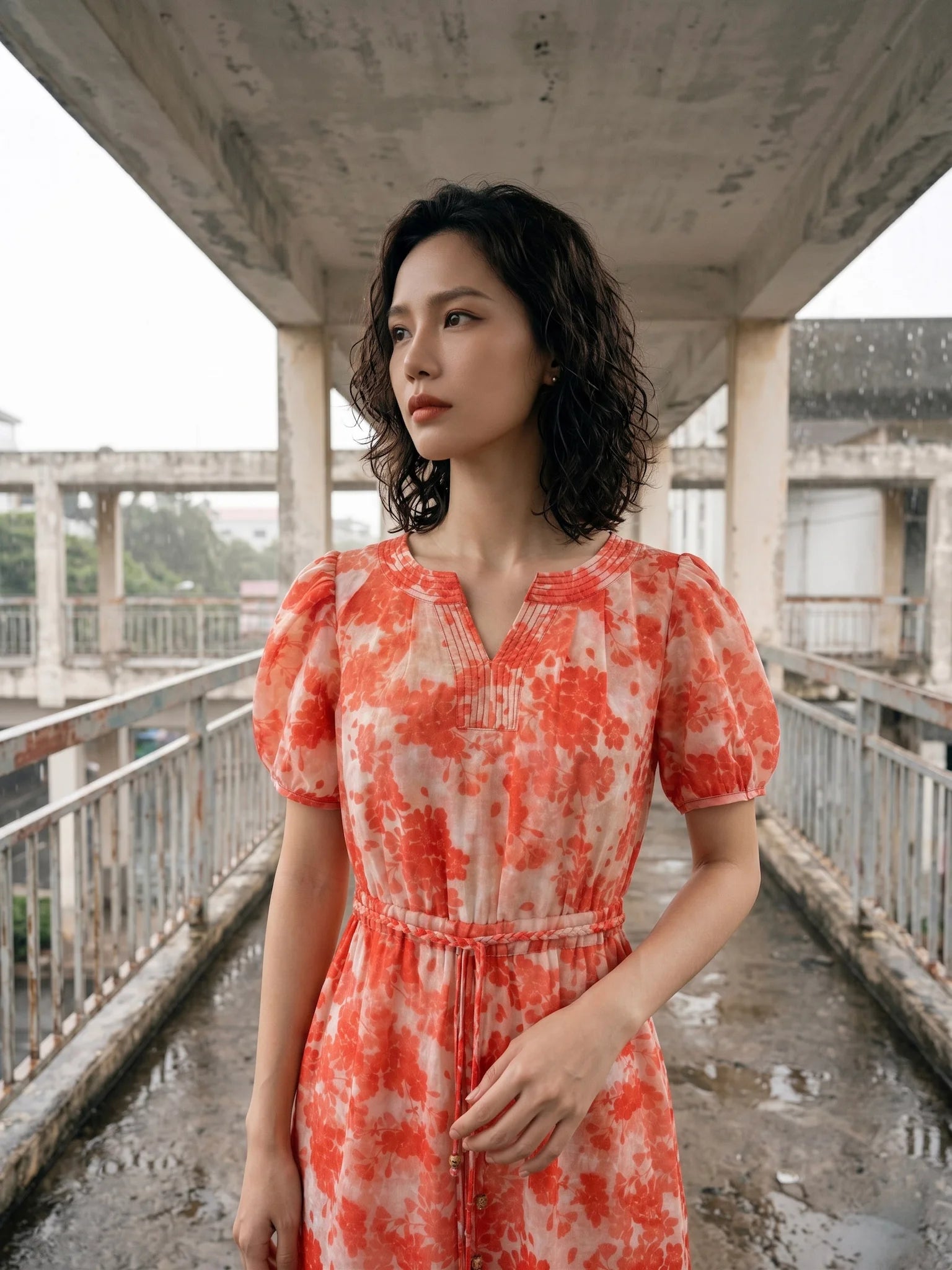 Đầm hoa thắt eo vải gai xanh ramie thời trang Hity