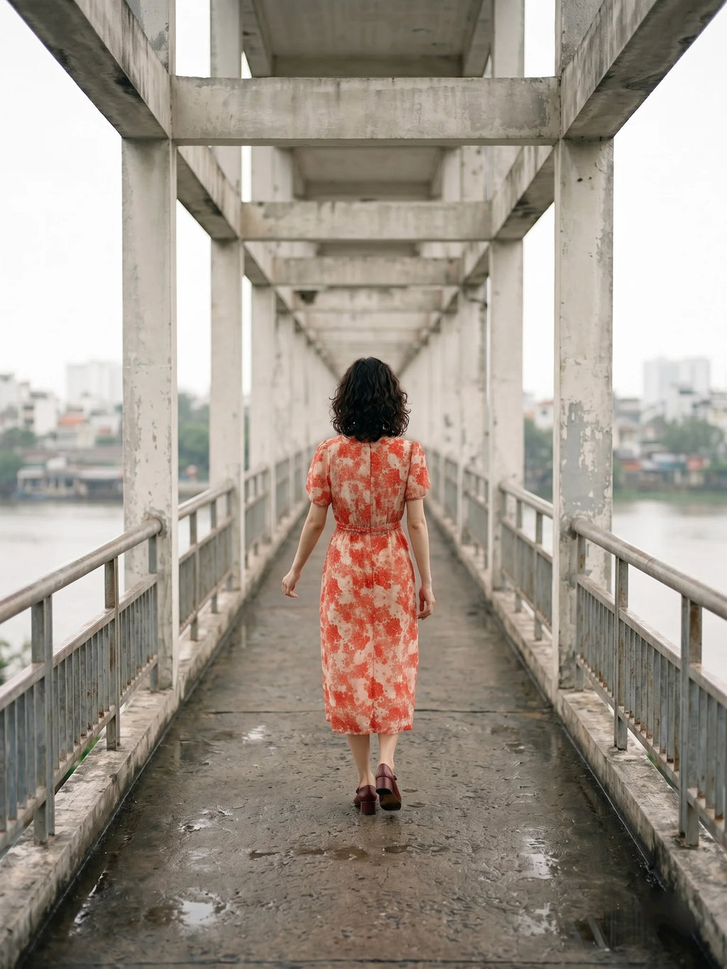 Đầm hoa thắt eo vải gai xanh ramie thời trang Hity