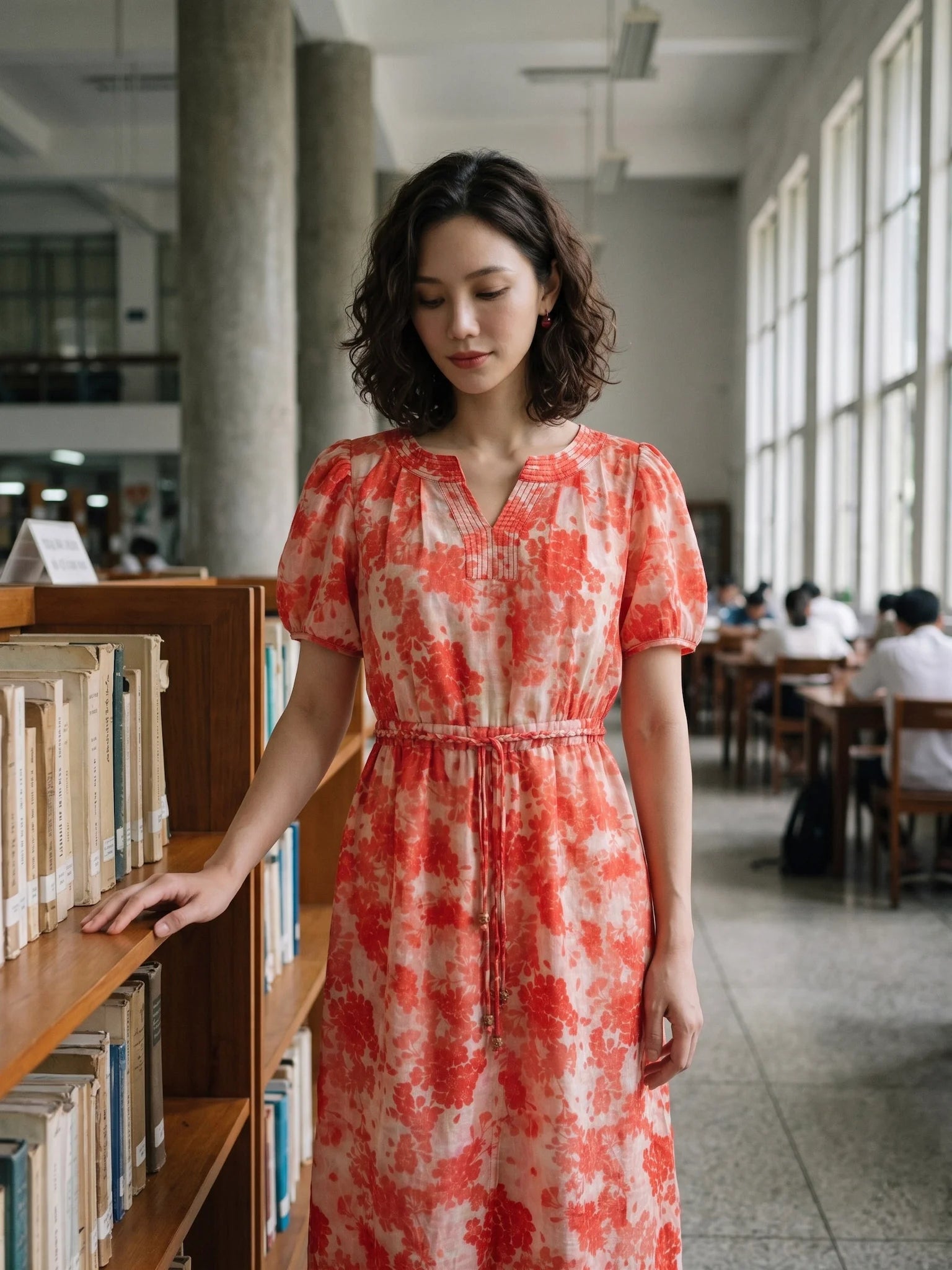 Đầm hoa thắt eo vải gai xanh ramie thời trang Hity