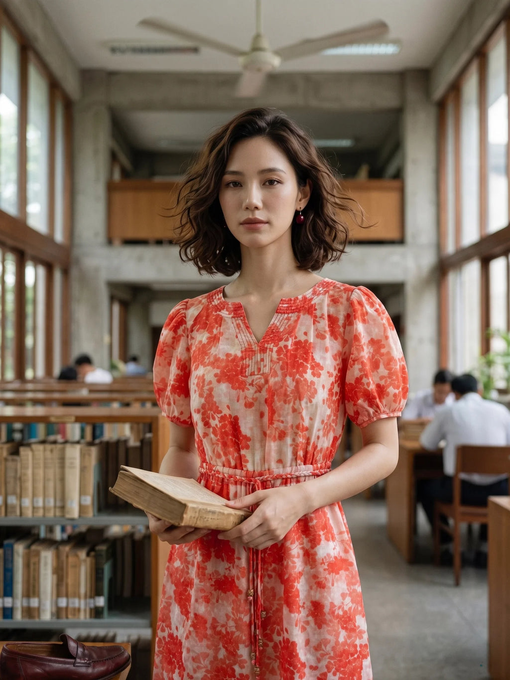 Đầm hoa thắt eo vải gai xanh ramie thời trang Hity