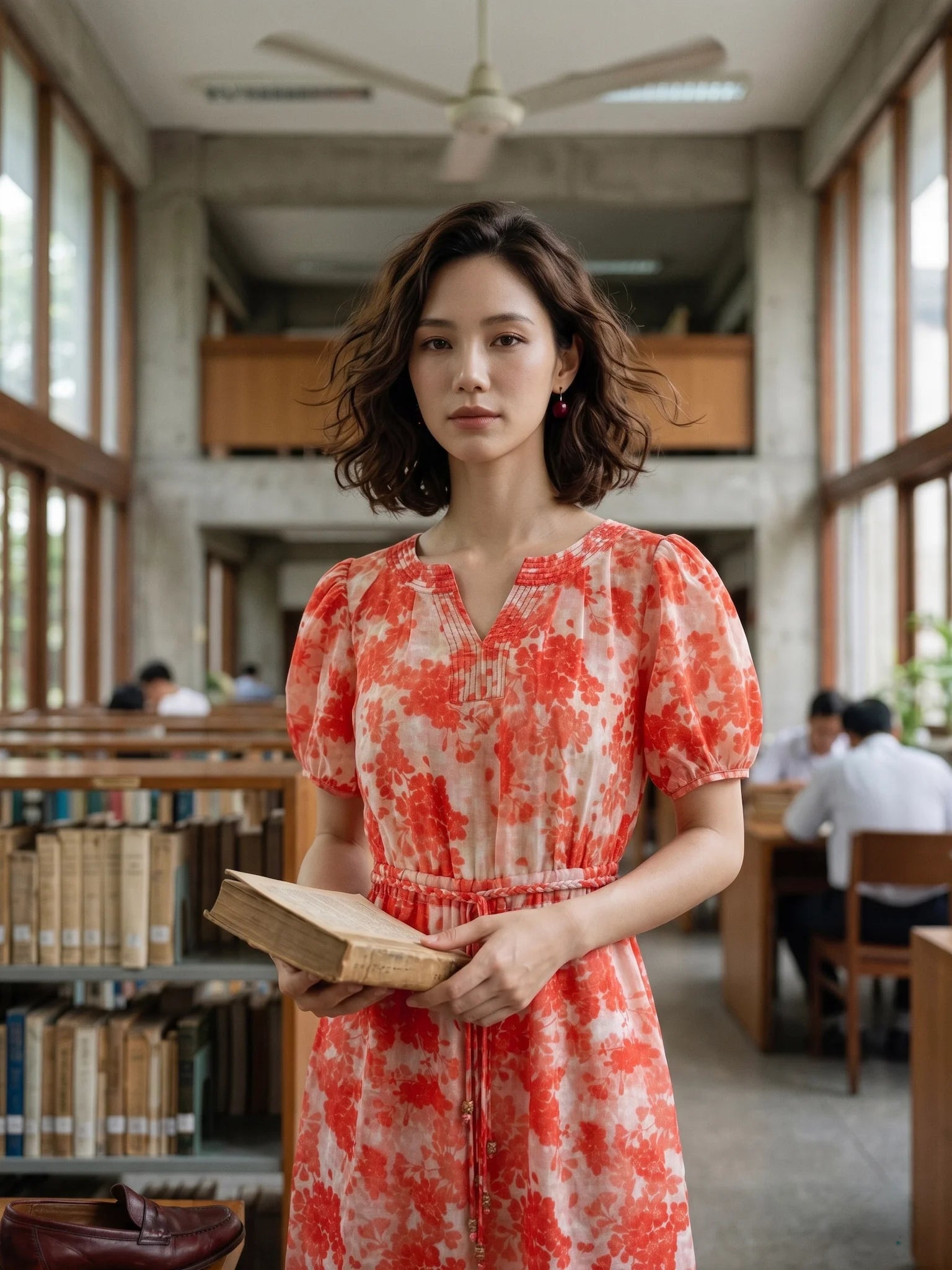 Đầm hoa thắt eo vải gai xanh ramie thời trang Hity