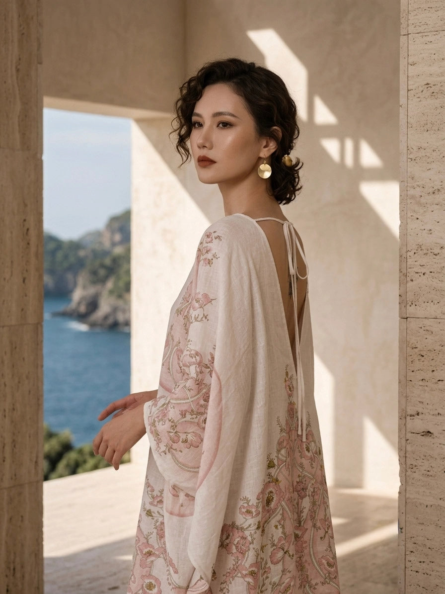 Đầm cánh dơi kaftan linen in hoa thời trang Hity