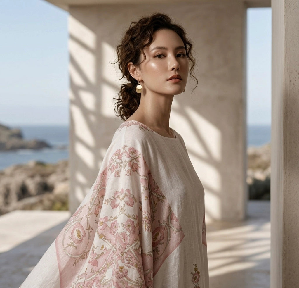 Đầm cánh dơi kaftan linen in hoa thời trang Hity