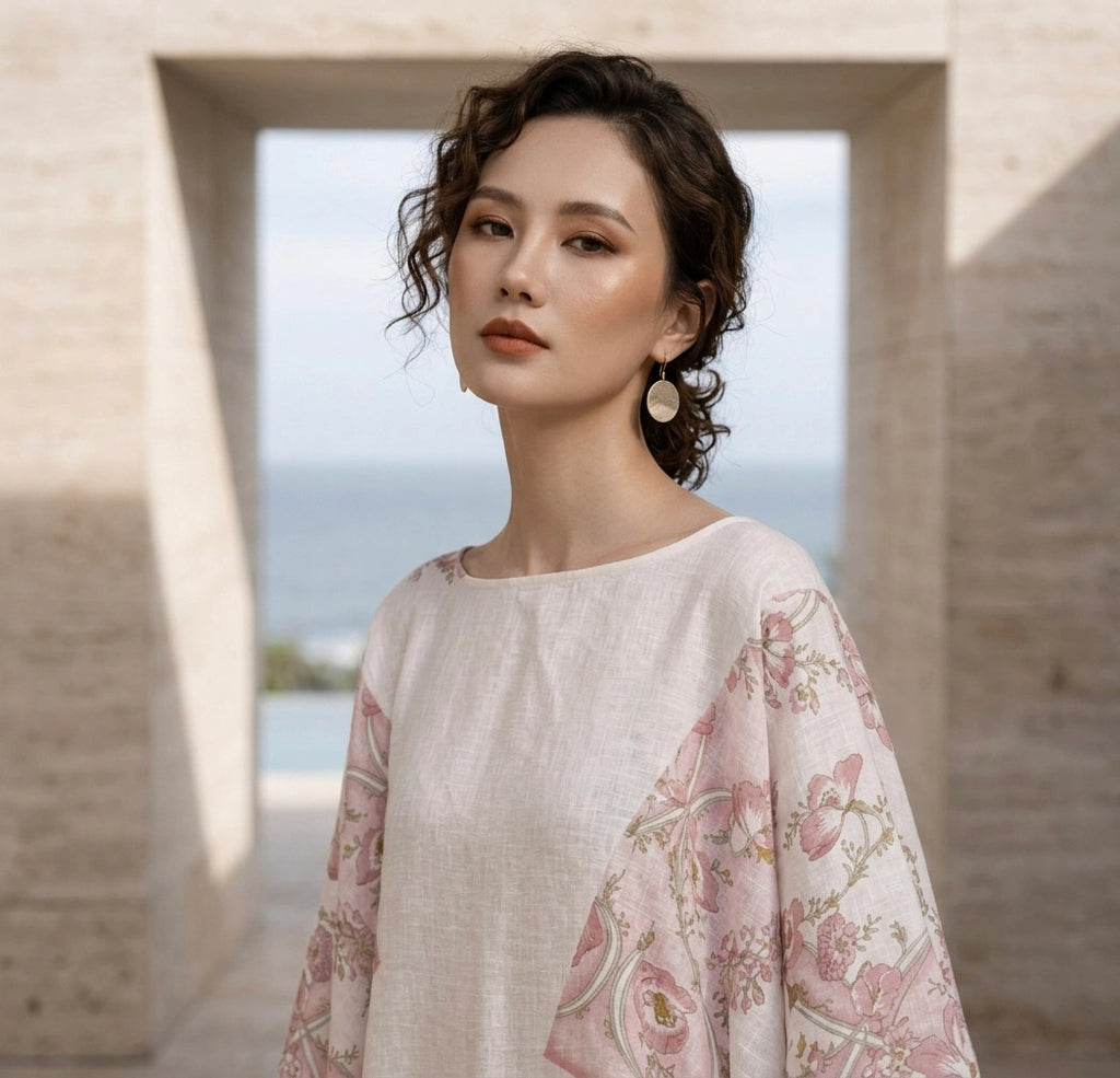 Đầm cánh dơi kaftan linen in hoa thời trang Hity