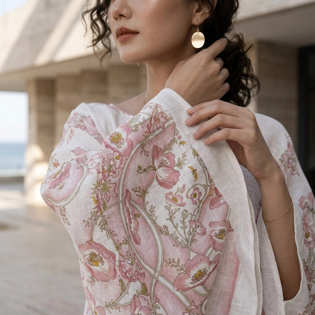 Đầm cánh dơi kaftan linen in hoa thời trang Hity