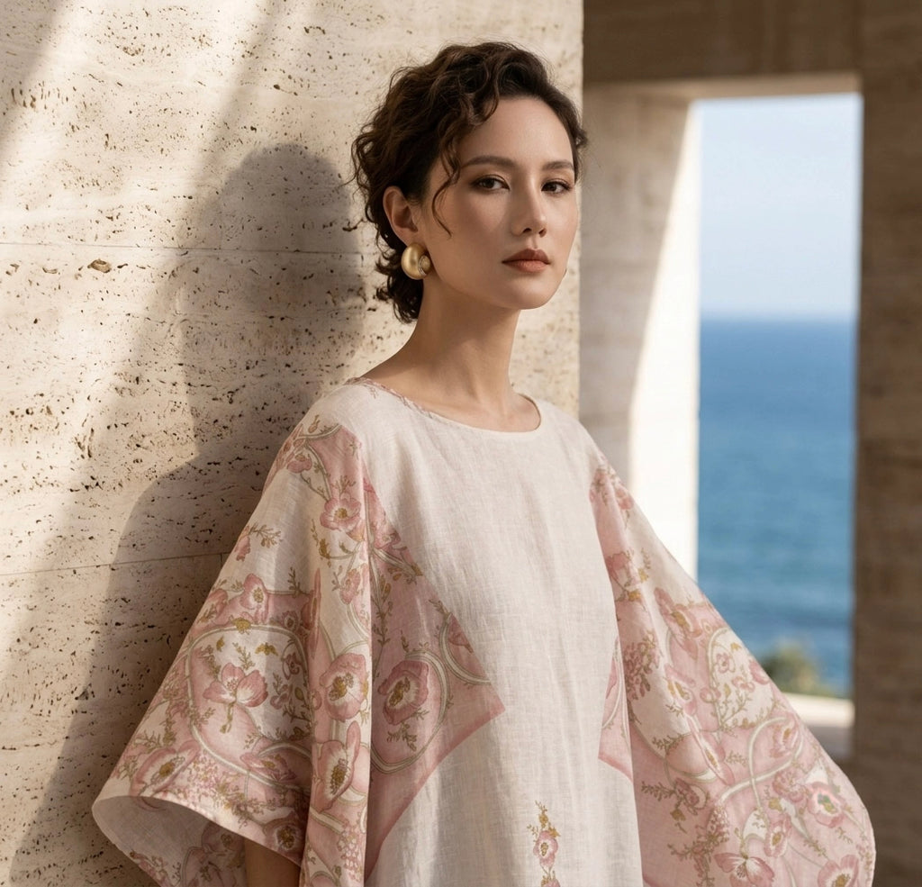 Đầm cánh dơi kaftan linen in hoa thời trang Hity