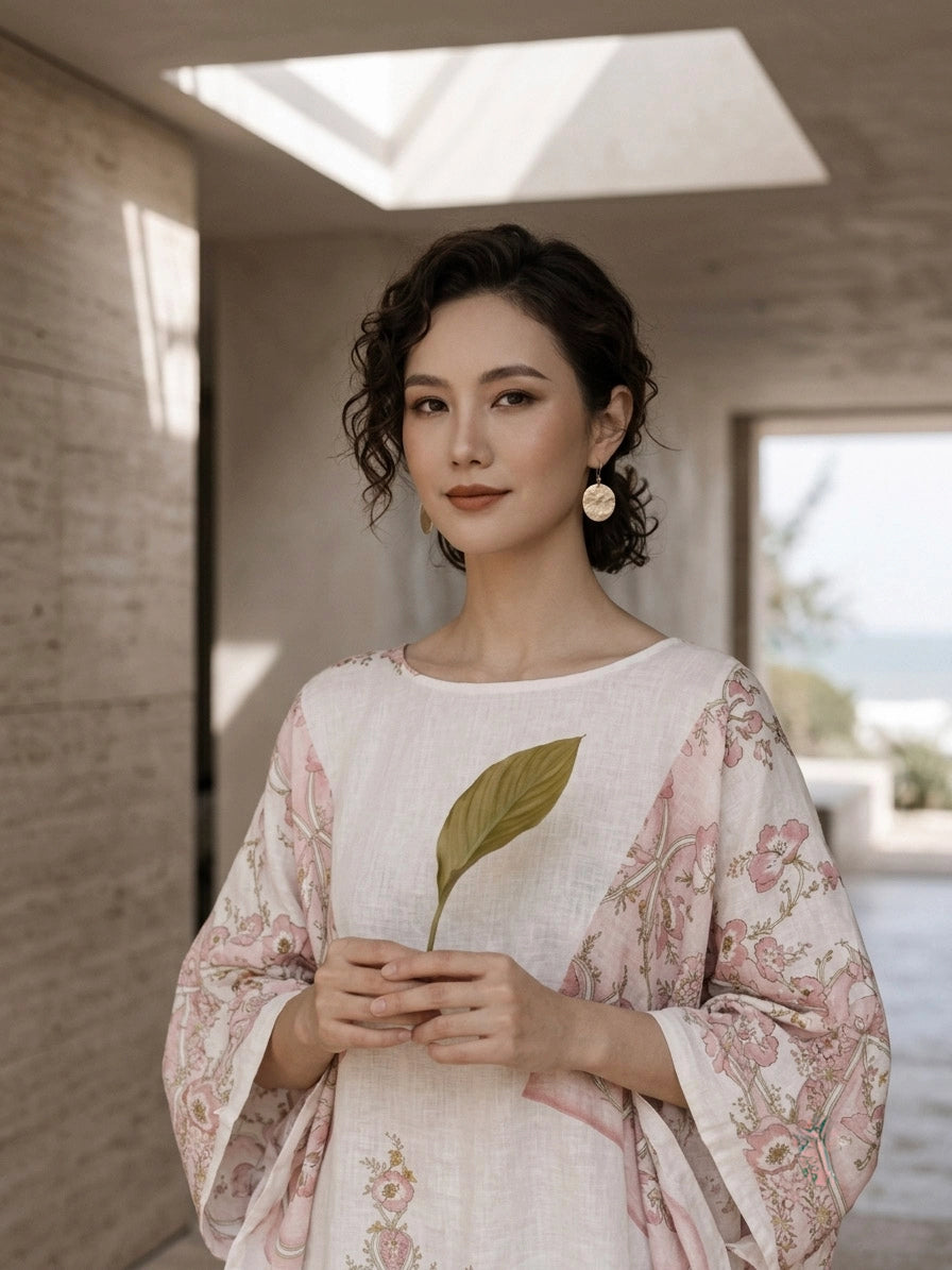 Đầm cánh dơi kaftan linen in hoa thời trang Hity