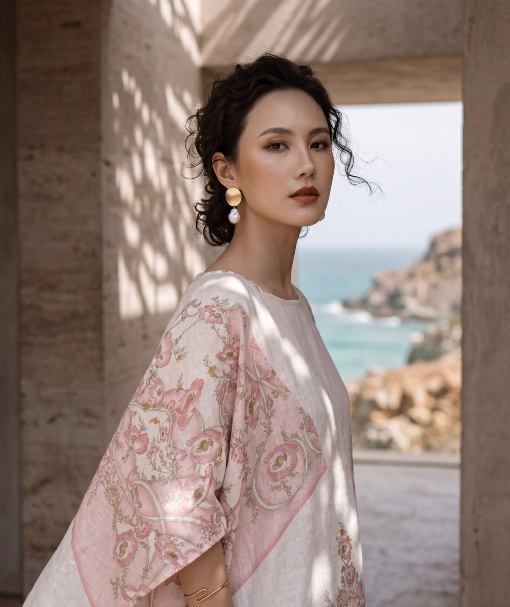Đầm cánh dơi kaftan linen in hoa thời trang Hity