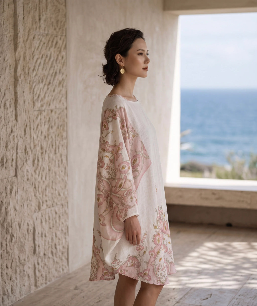 Đầm cánh dơi kaftan linen in hoa thời trang Hity