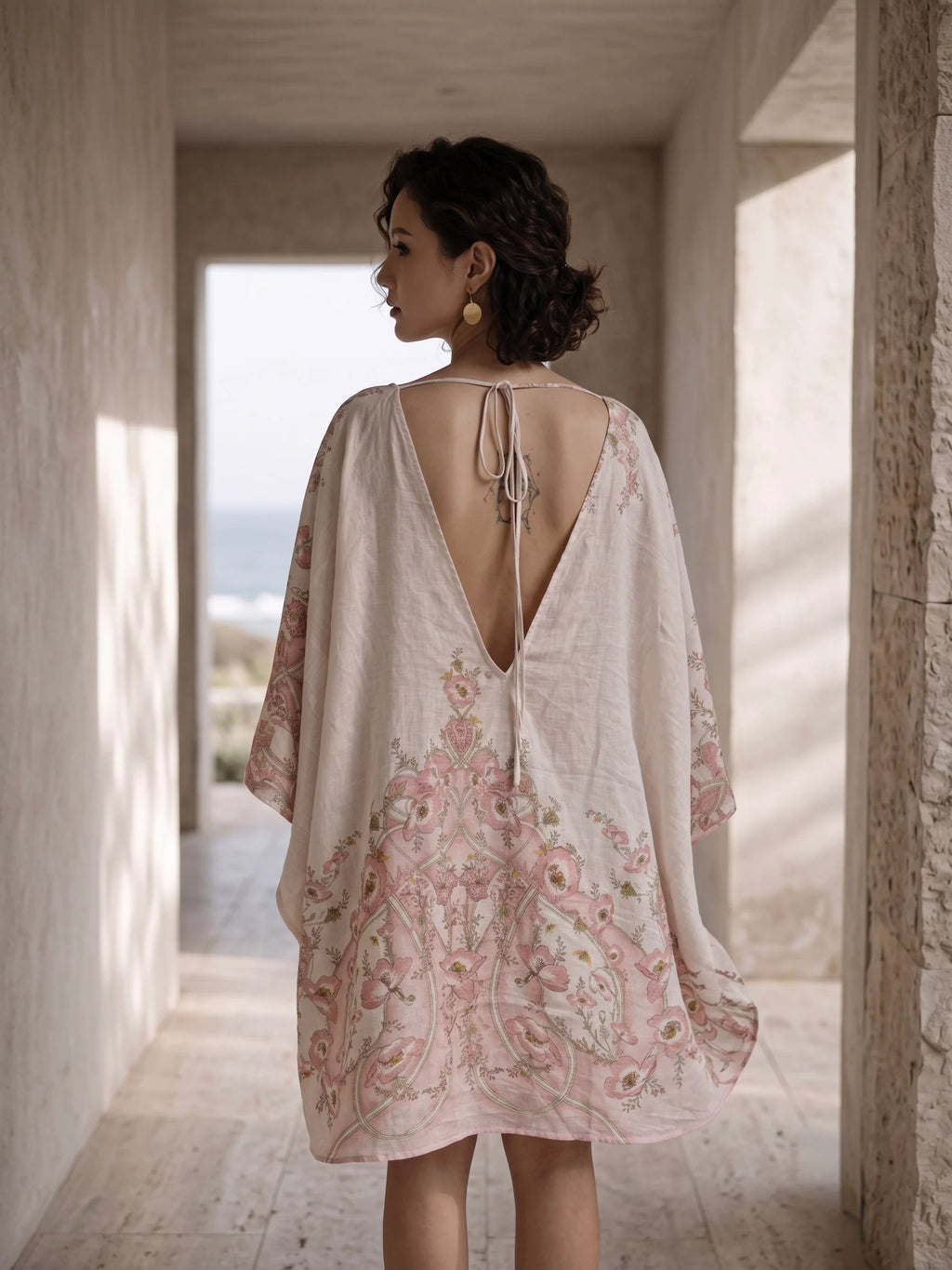 Đầm cánh dơi kaftan linen in hoa thời trang Hity