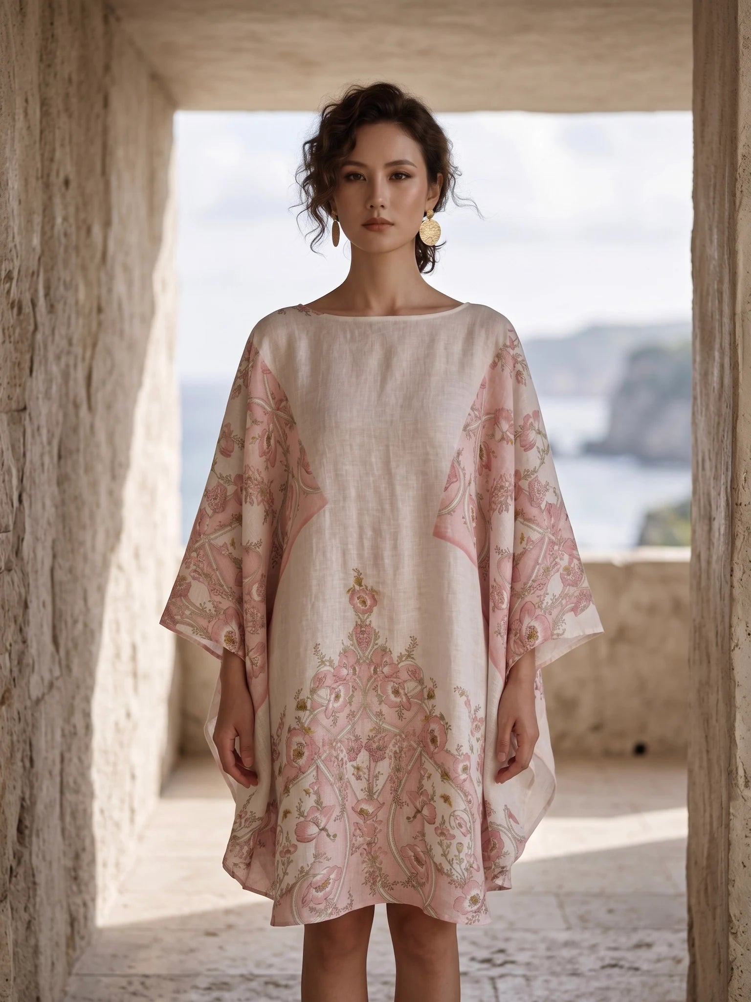 Đầm cánh dơi kaftan linen in hoa thời trang Hity
