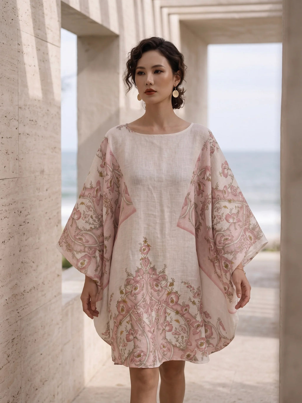 Đầm cánh dơi kaftan linen in hoa thời trang Hity