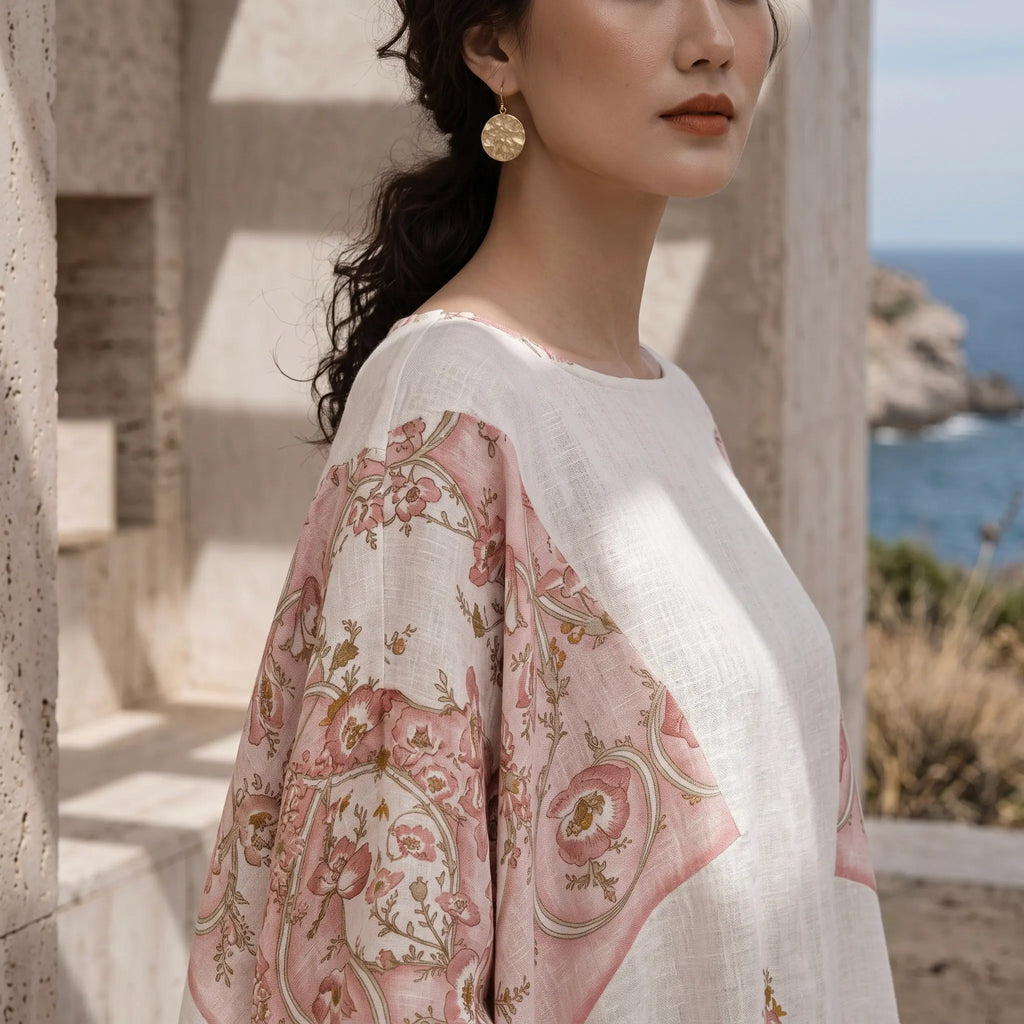 Đầm cánh dơi kaftan linen in hoa thời trang Hity