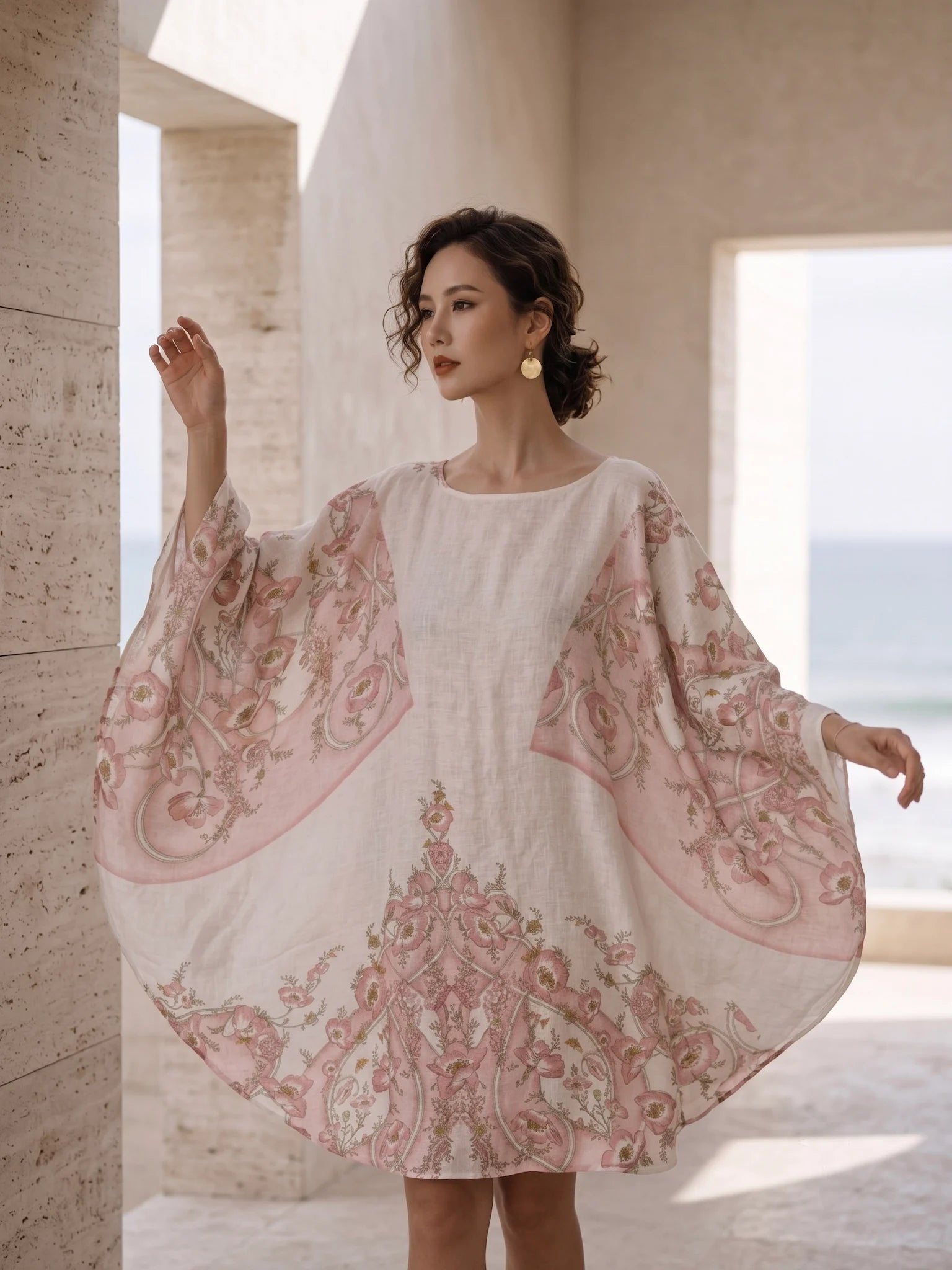 Đầm cánh dơi kaftan linen in hoa thời trang Hity