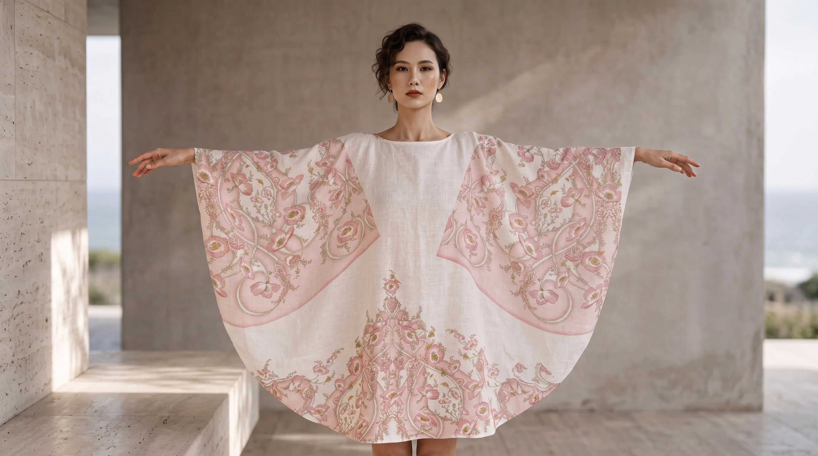 Đầm cánh dơi kaftan linen in hoa thời trang Hity