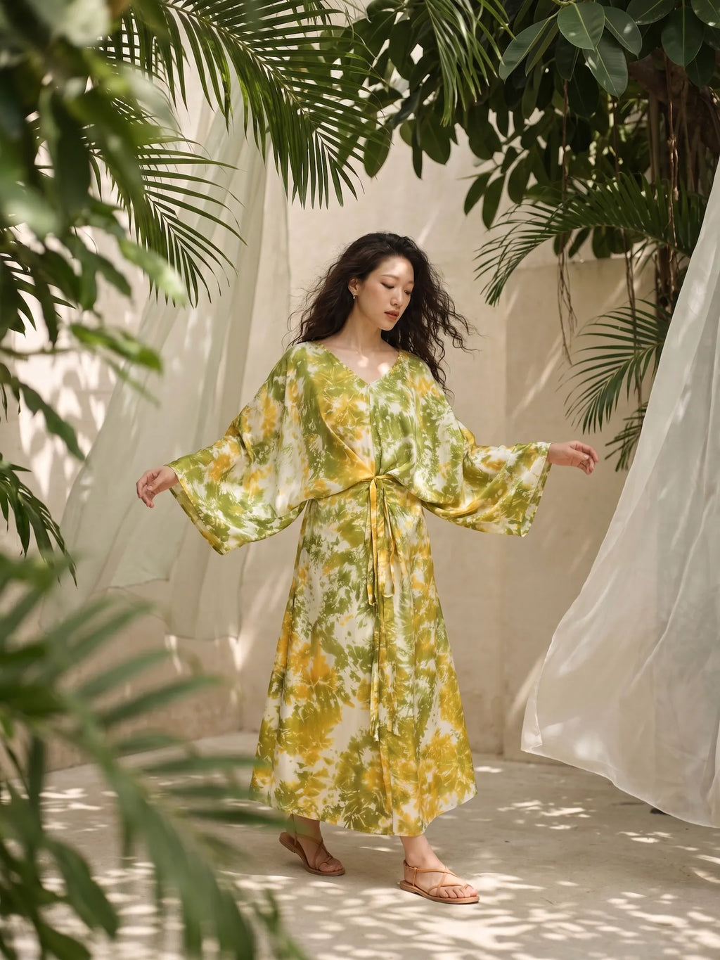 Đầm kaftan lụa tơ tằm nhuộm loang tie-dye thời trang Hity
