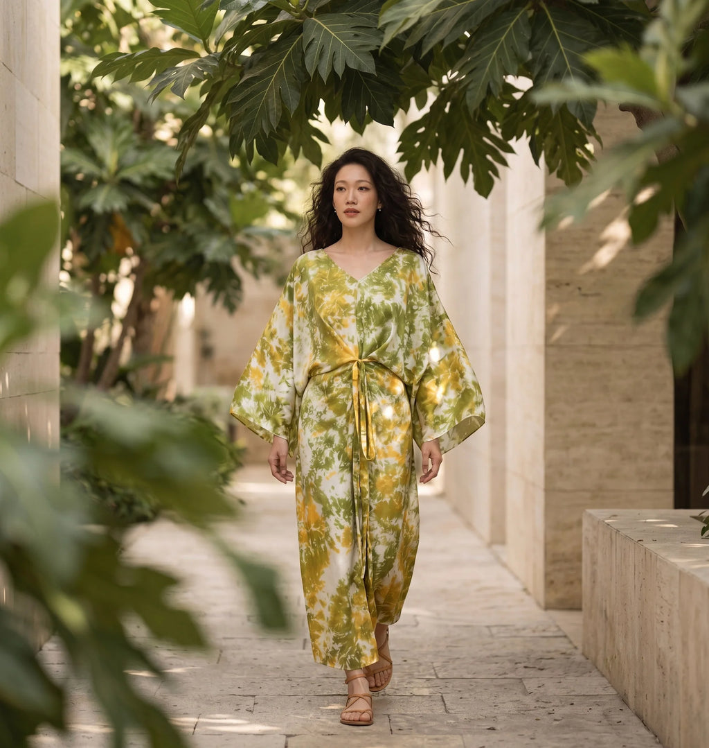 Đầm kaftan lụa tơ tằm nhuộm loang tie-dye thời trang Hity