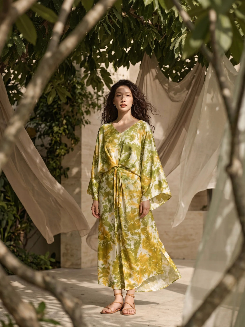 Đầm kaftan lụa tơ tằm nhuộm loang tie-dye thời trang Hity