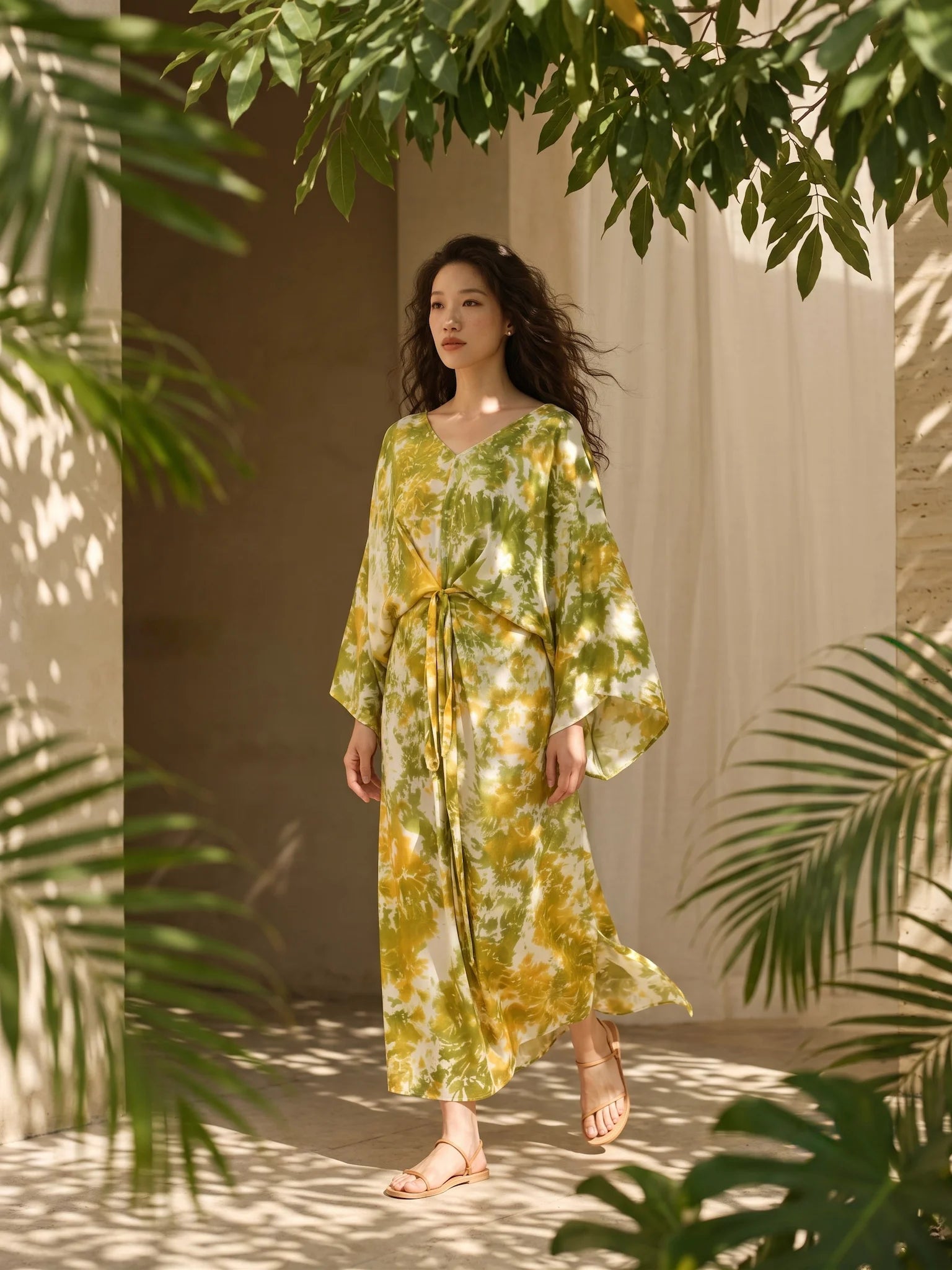 Đầm kaftan lụa tơ tằm nhuộm loang tie-dye thời trang Hity