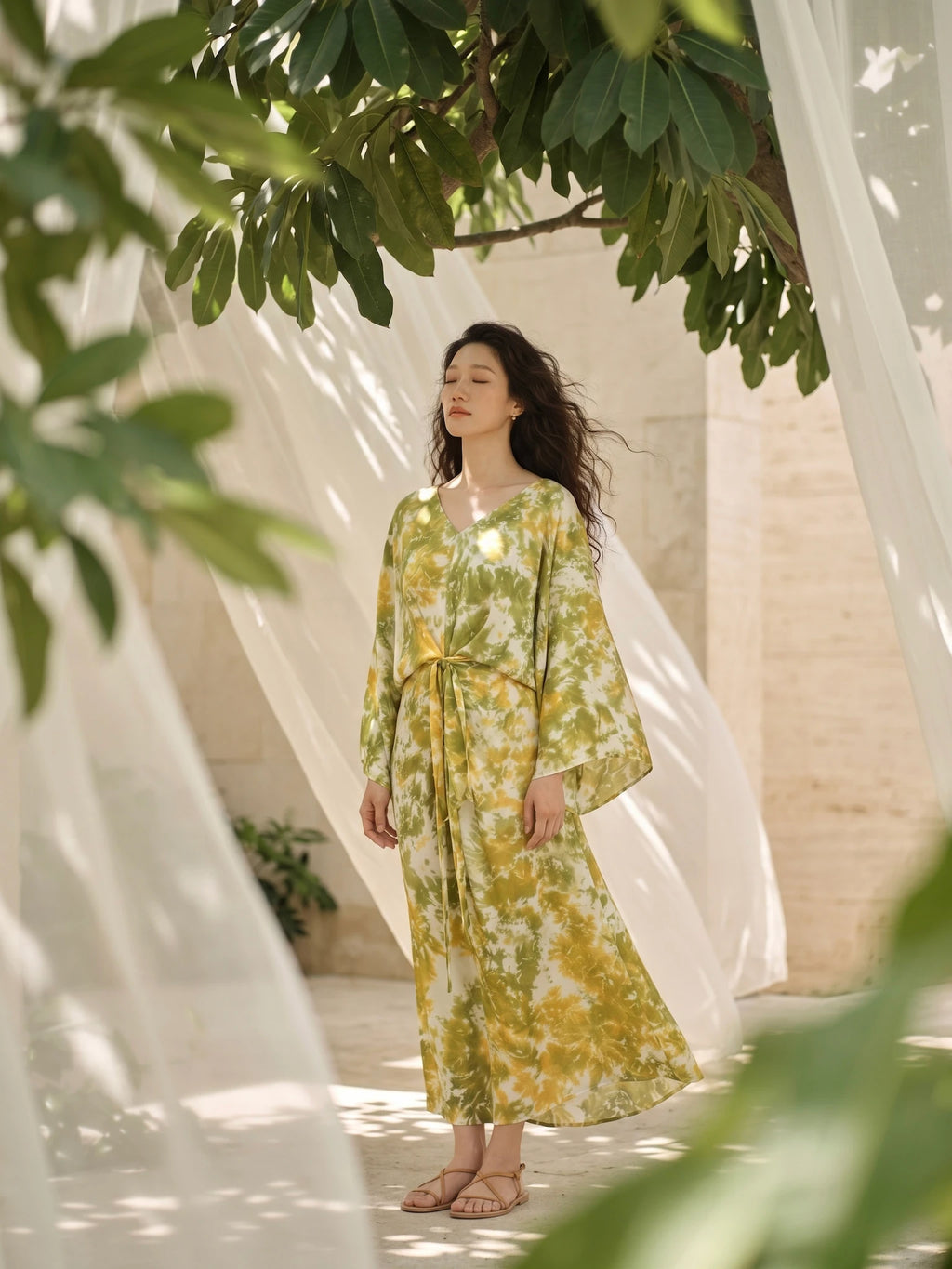 Đầm kaftan lụa tơ tằm nhuộm loang tie-dye thời trang Hity