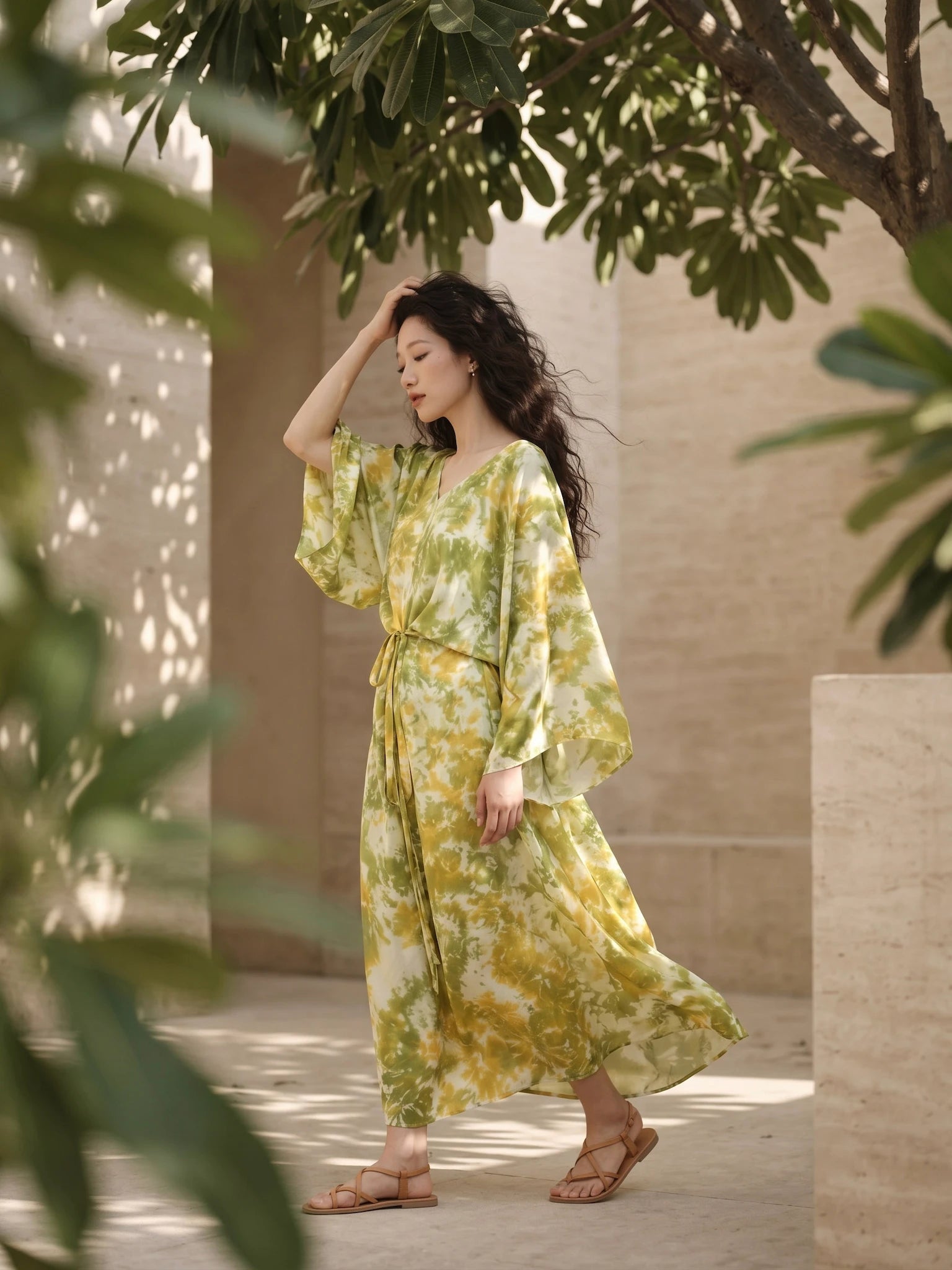 Đầm kaftan lụa tơ tằm nhuộm loang tie-dye thời trang Hity