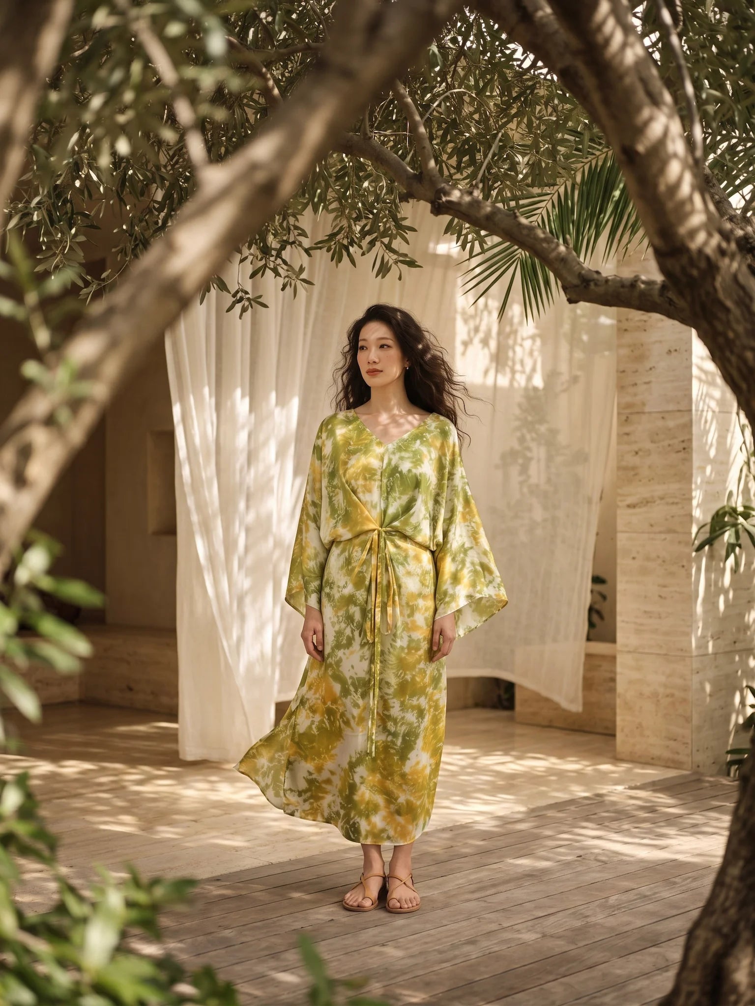 Đầm kaftan lụa tơ tằm nhuộm loang tie-dye thời trang Hity